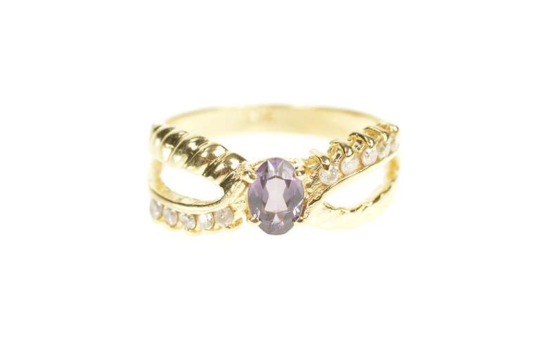 14K Yellow Gold Oval Amethyst Diamond Bypass Statement Ring