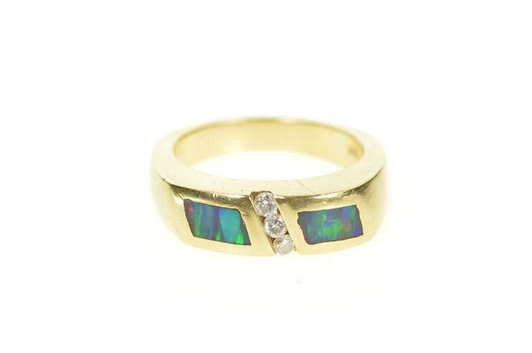14K Yellow Gold Inlaid Black Opal Diamond Squared Band Ring