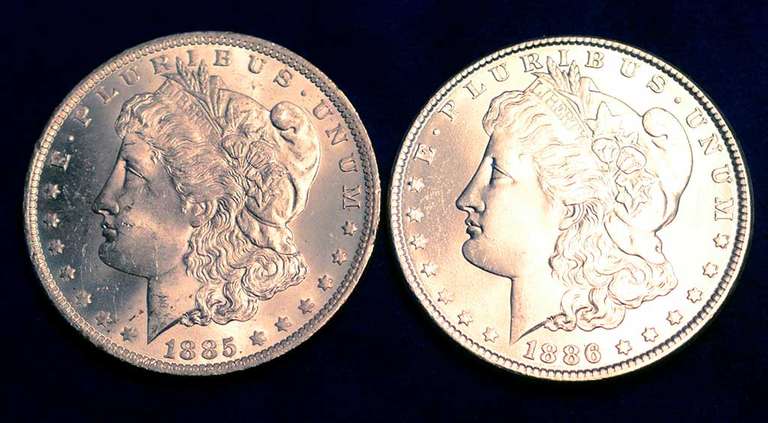 Lot of 2 UNC Morgan Dollars 1886,1885-O