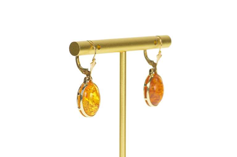 14K Yellow Gold Oval Amber Cabochon Dangle Lever Back Earrings