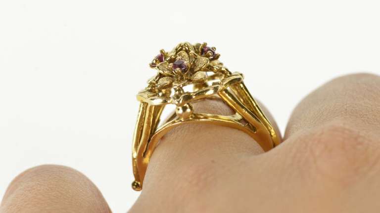 14K Yellow Gold 1960's Retro Ruby Flower Bouquet Cocktail Ring
