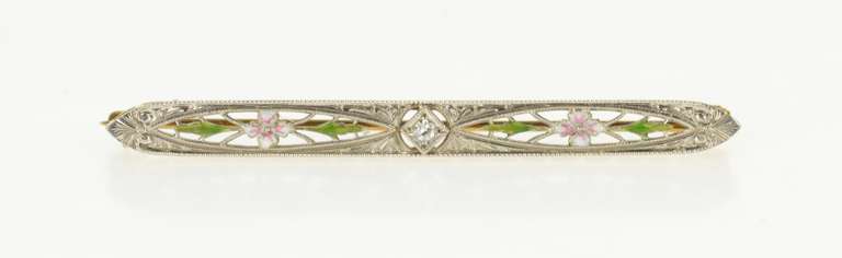 14K White Gold Art Deco Diamond Enamel Flower Filigree Bar Pin/Brooch