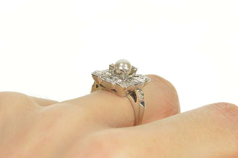 14K White Gold Art Deco Squared Pearl Diamond Engagement Ring