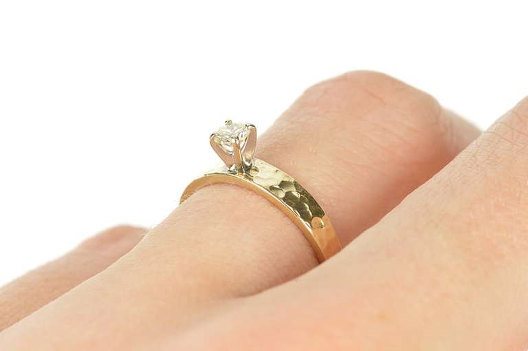 14K Yellow Gold 0.20 Ct Diamond Hammered Band Engagement Ring