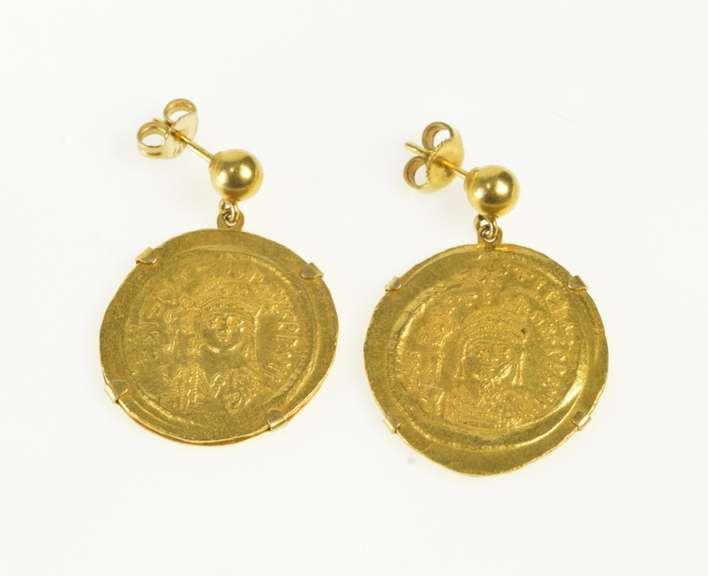 14K Yellow Gold Ornate Ancient Coin Dangle Post Back Earrings