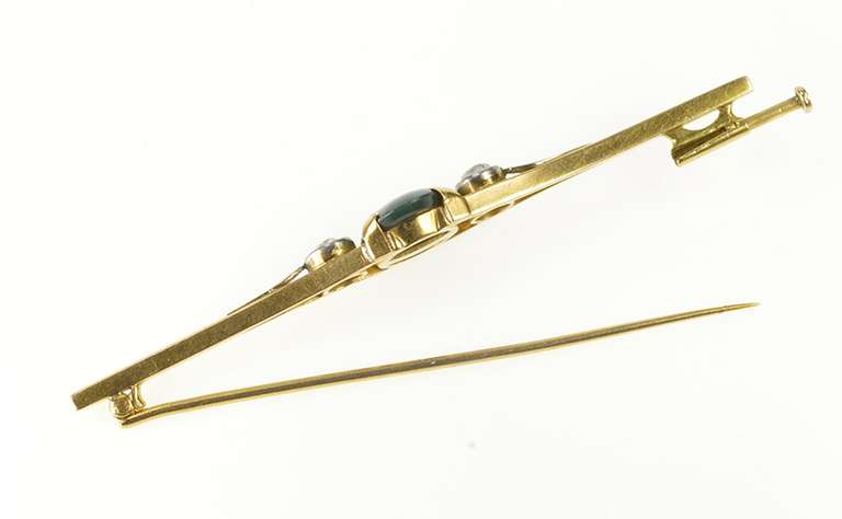 18K Yellow Gold Victorian Oval Bloodstone Diamond Bar Pin/Brooch