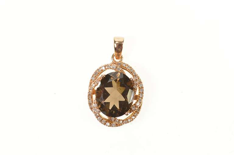 14K Rose Gold 5.70 Ctw Smokey Quartz Swirl Halo Statement Pendant