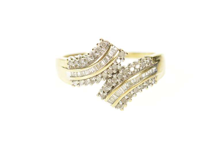 10K Yellow Gold Wavy Baguette Round Diamond Bypass Band Ring