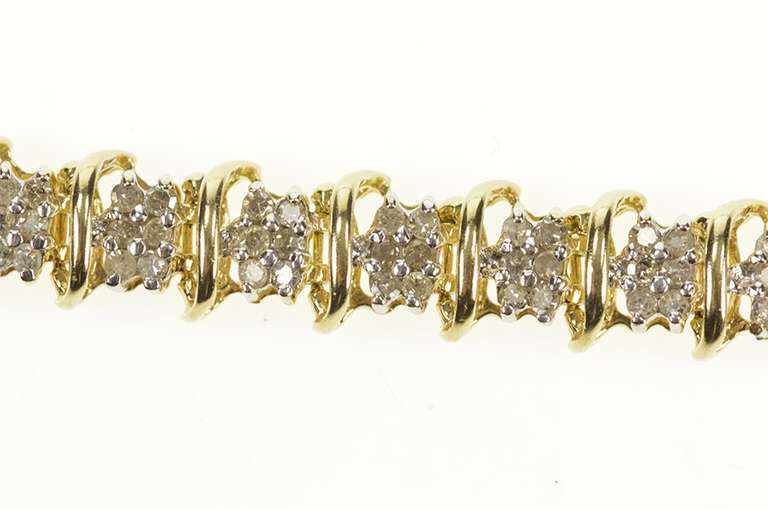 10K Yellow Gold 0.99 Ctw Diamond Cluster Wavy Link Tennis Bracelet