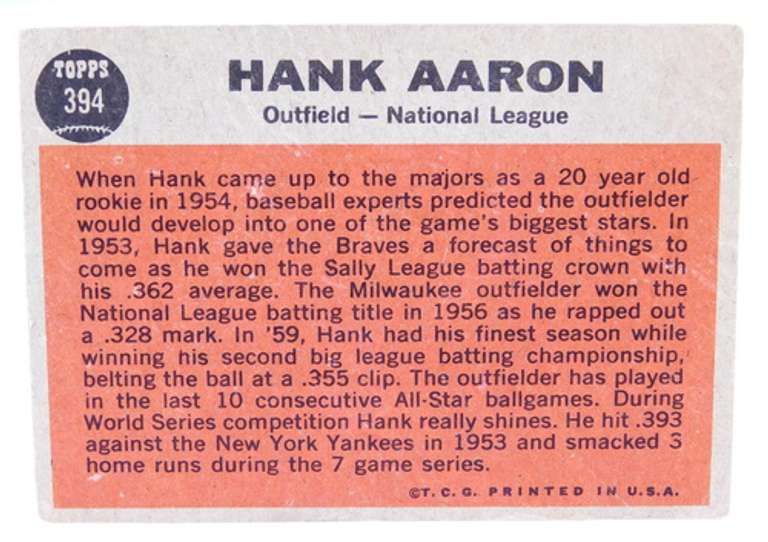 1962 Hank Aaron N.L. All-Star Baseball Card