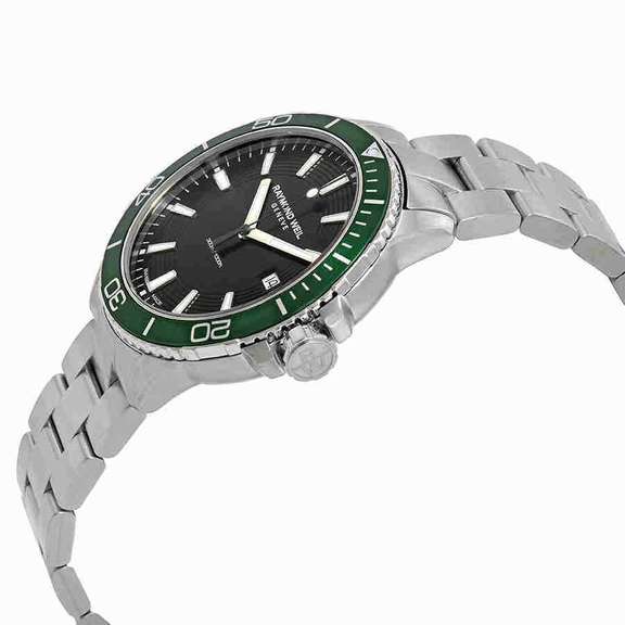 New Mens Raymond Weil Swiss Black Dial w Bgreen Bezel