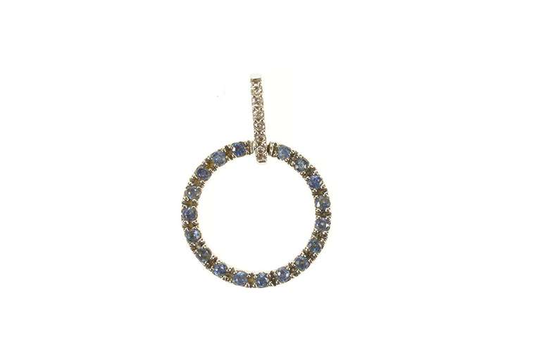 10K White Gold Sapphire Diamond Encrusted Ring Circle Drop Pendant
