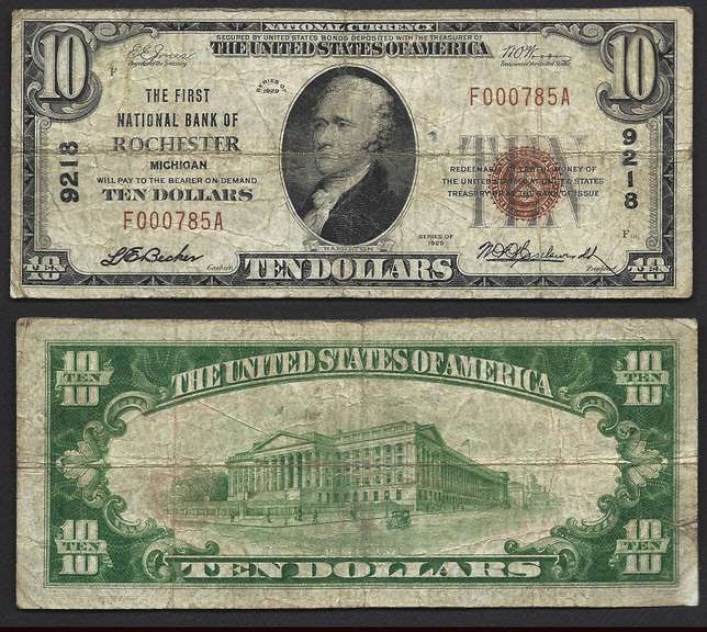 $10 1929 Rochester (MI) NBN=ONLY 13 KNOWN SECOND FINEST Oakland County Fine