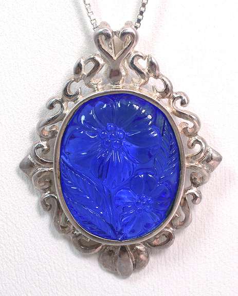 Ornate Blue Crystal Necklace in Sterling Silver