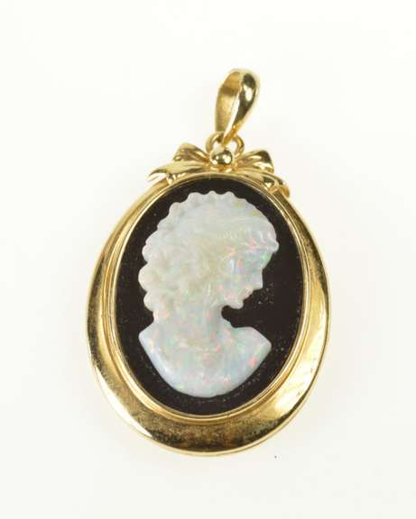 14K Yellow Gold Oval Black Onyx Carved Opal Lady Cameo Pendant