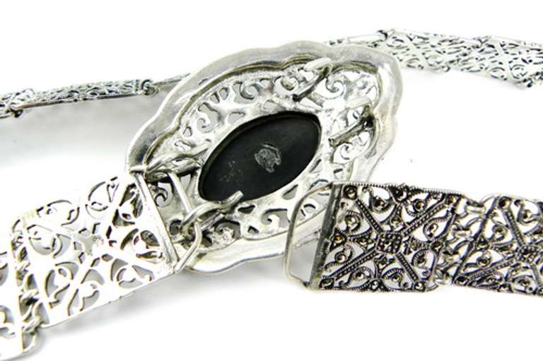 Beautiful Sterling Filigree Onyx & Marcasites