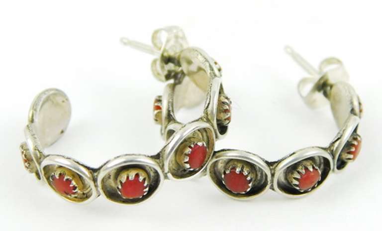 Vintage Navajo Sterling Coral Hoop Earrings