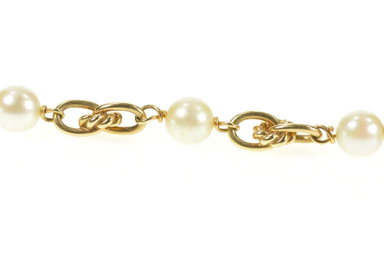 14K Yellow Gold 1960's Retro Pearl Chain Knot Link Bracelet