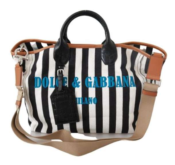 DOLCE & GABBANA  Black White Stripes Shopping Borse Women Tote Cotton Bag