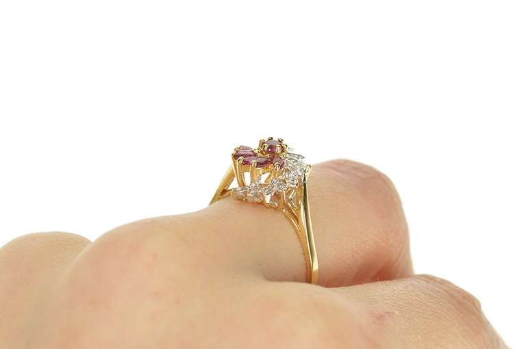 14K Yellow Gold Marquise Ruby Diamond Fanned Swirl Cocktail Ring