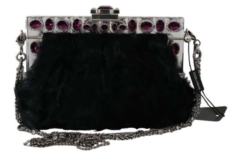 DOLCE & GABBANA Black Fur Silver Crystal Shoulder VANDA Purse