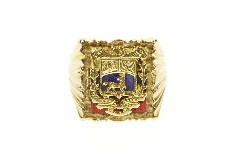 18K Yellow Gold Men's Stag Heraldic Coat of Arms Statement Ring