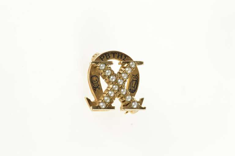 10K Yellow Gold Victorian Omega Chi Seed Pearl Enamel X Pin/Brooch