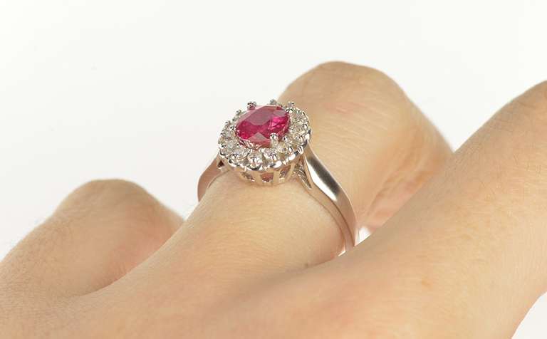 14K White Gold Oval Natural Ruby Diamond Halo Engagement Ring