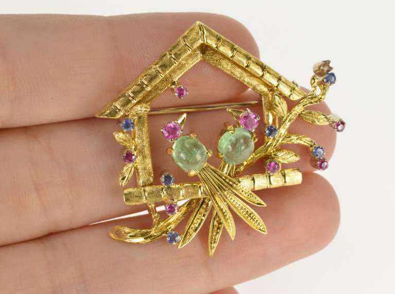 18K Yellow Gold Bird House Ruby Sapphire Flourite Retro Pendant/Pin