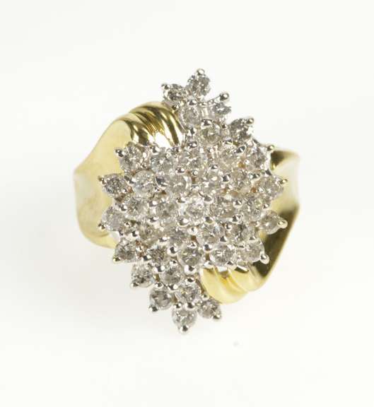 14K Yellow Gold Swirl Design Diamond Cluster Bypass Cocktail Ring