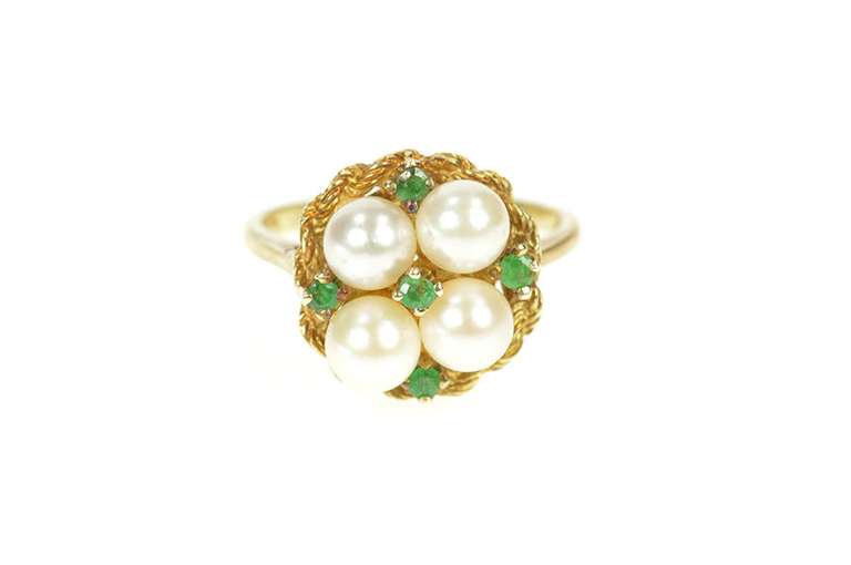 14K Yellow Gold Pearl Emerald 1960's Retro Basket Cocktail Ring