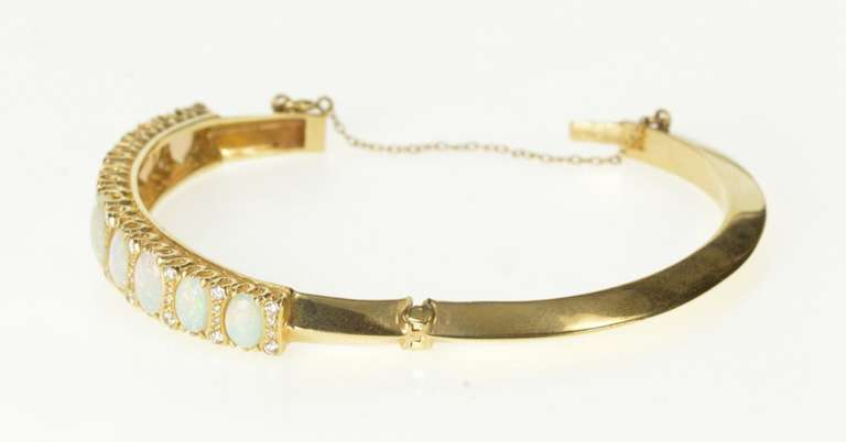 14K Yellow Gold Ornate Natural Opal Diamond Statement Bangle Bracelet
