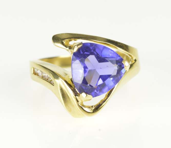 14K Yellow Gold Trillion Iolite Diamond Bypass Statement Ring
