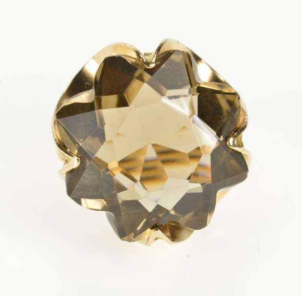 14K Yellow Gold Smoky Quartz Star Cut Cocktail Statement Ring