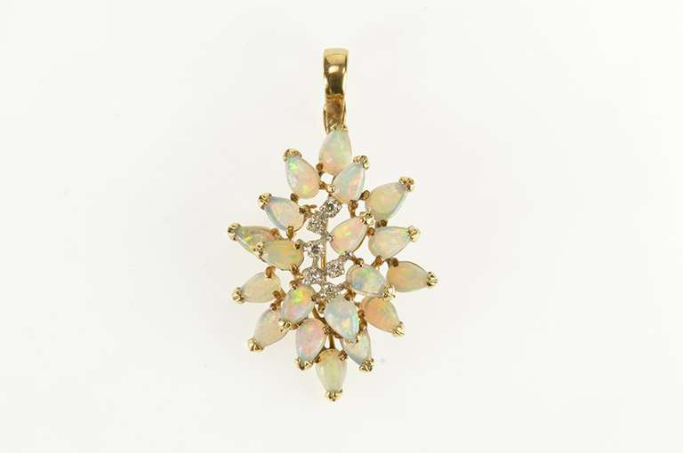 14K Yellow Gold Pear Natural Opal Diamond Cluster Statement Necklace