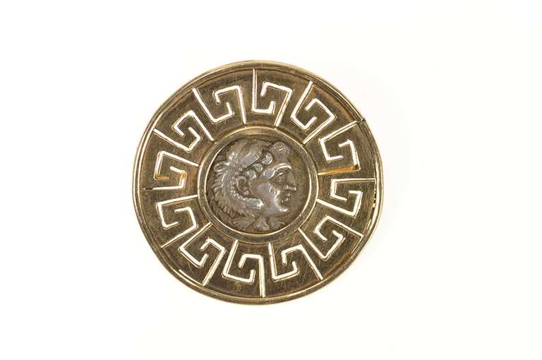 10K Yellow Gold Ancient Greek Coin Wave Pattern Statement Pin/Brooch