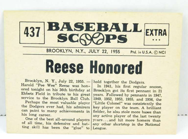 1961 Baseball Scoops, Pee Wee Reese, Dodgers