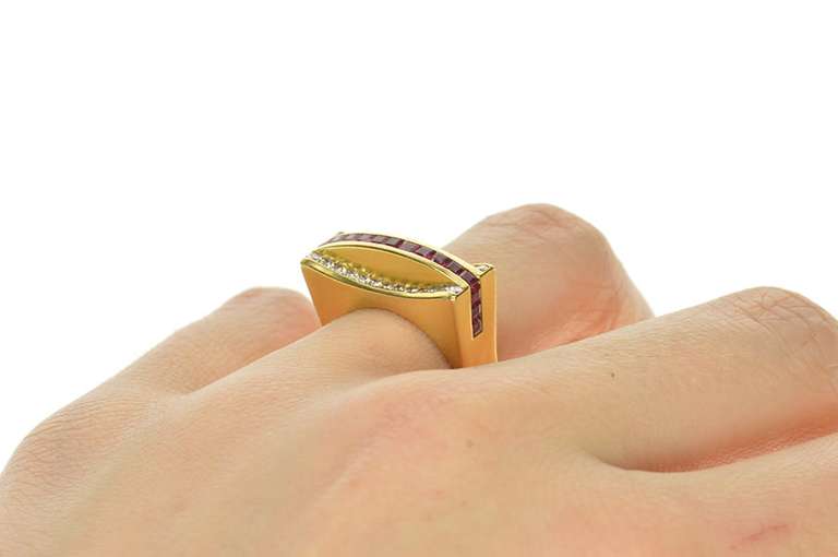 18K Yellow Gold 0.90 Ctw Ruby Diamond Squared Statement Band Ring