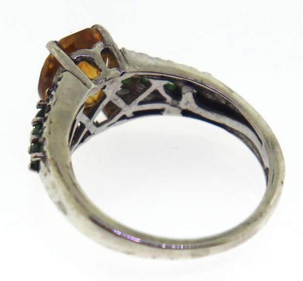 Sterling Silver Citrine With Green Tsavorire Ring