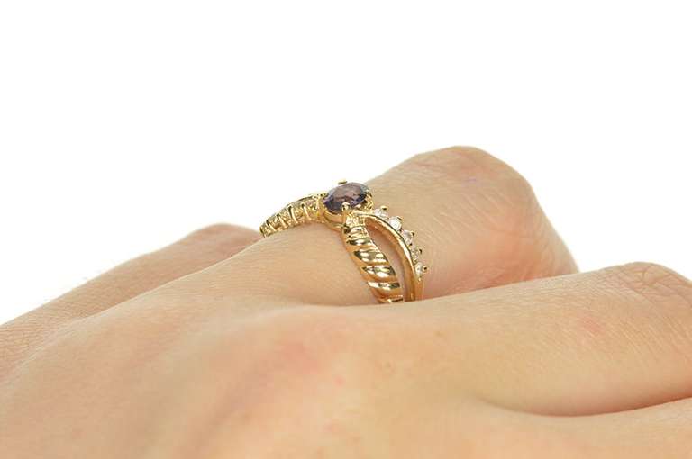 14K Yellow Gold Oval Amethyst Diamond Bypass Statement Ring