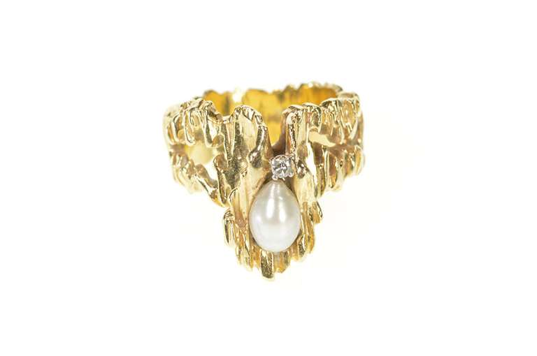 14K Yellow Gold 1960's Pearl Diamond Raw Textured Statement Ring