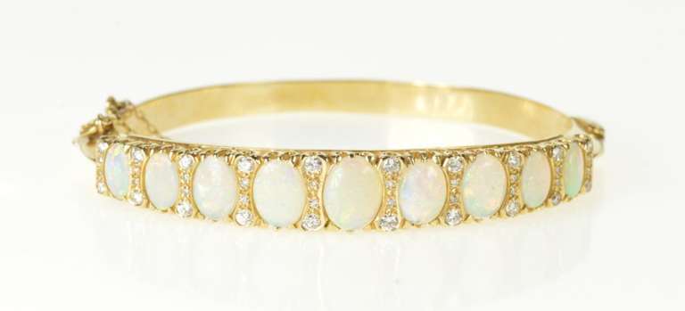 14K Yellow Gold Ornate Natural Opal Diamond Statement Bangle Bracelet