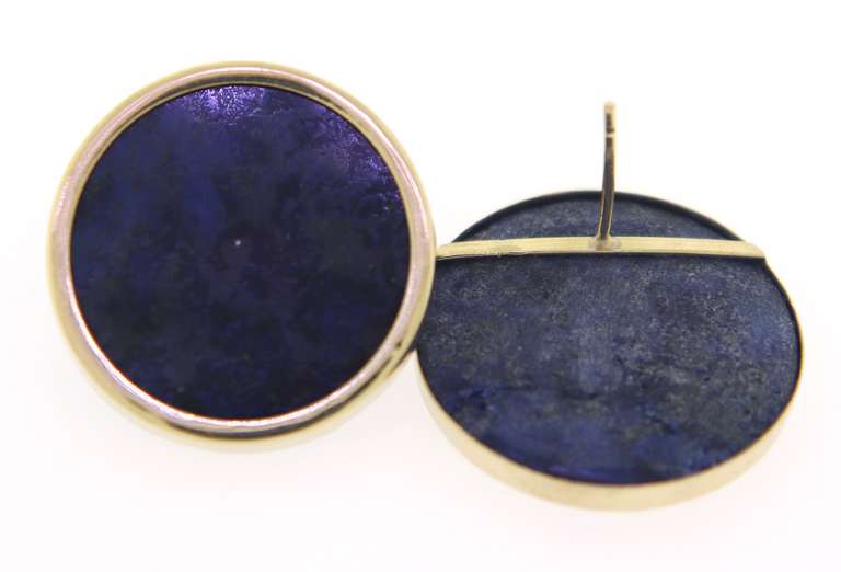 Beautiful Yellow Gold Lapis Bezel Earrings
