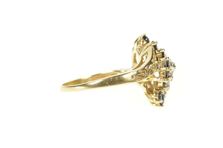 10K Yellow Gold Diagonal Diamond Sapphire Halo Cluster Bypass Ring