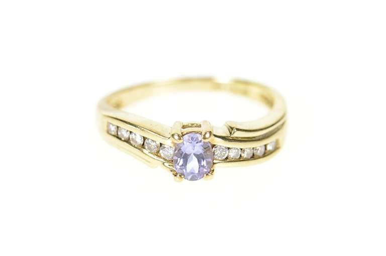 10K Yellow Gold Oval Tanzanite Diamond Accent Wavy Ring