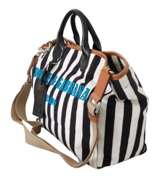 DOLCE & GABBANA  Black White Stripes Shopping Borse Women Tote Cotton Bag