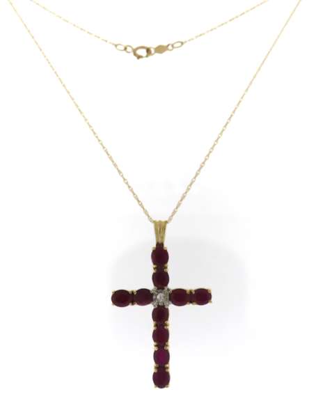 Charming Yellow Gold Ruby and Diamond Cross Necklace