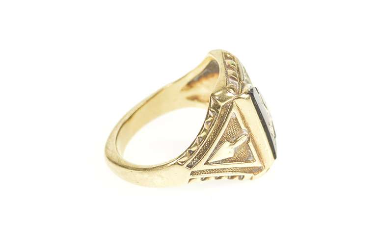 10K Yellow Gold Black Onyx Masonic Inlay Men's Retro Ring