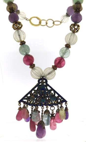 Vintage Enamel Amethyst, Aqua, Pink Tour Necklace