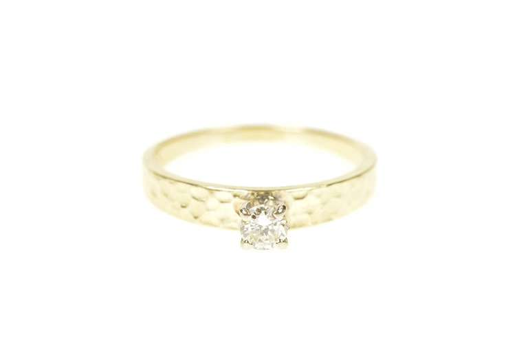 14K Yellow Gold 0.20 Ct Diamond Hammered Band Engagement Ring